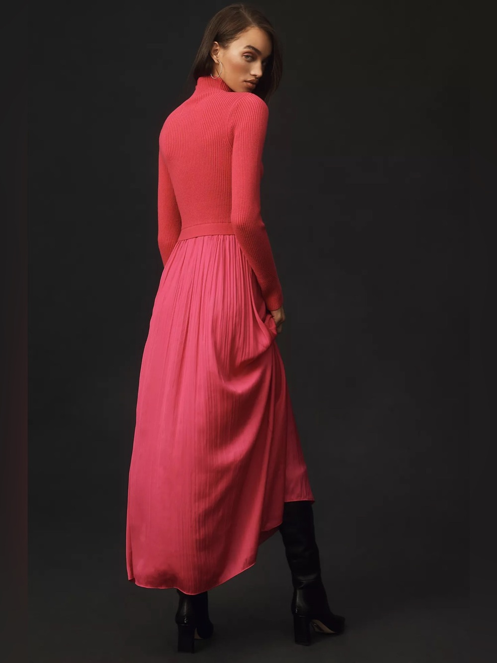 Anthropologie High-Neck Mockable Maxi Dress  Fuchsia  Knit dress & Pleated Skirt - Picture 3 of 9